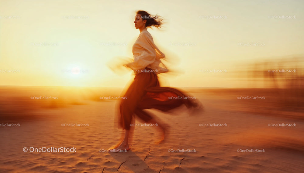 Woman Running Gracefully During Golden Desert Sunset