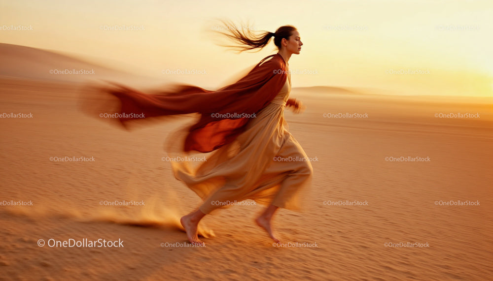 Woman Running Freely in Desert at Sunset