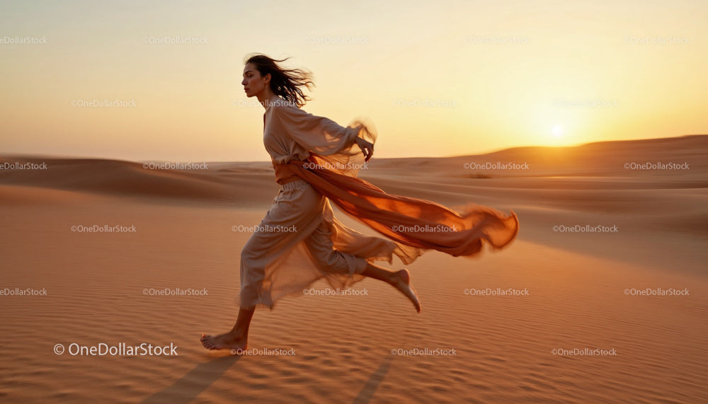 Woman Running Gracefully Through Desert at Sunset