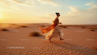 Woman in Flowing Dress Running Across Desert at Sunset