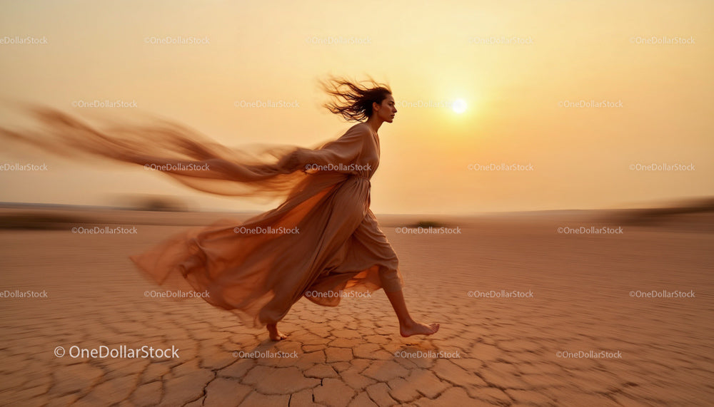 Woman Running Through Desert at Sunset in Flowing Dress
