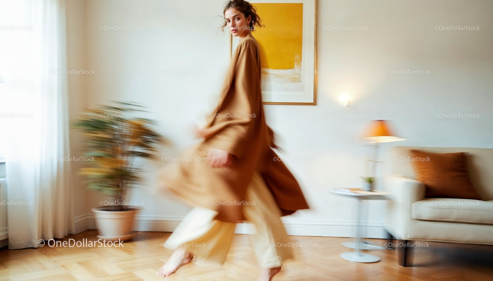Elegant Woman in Motion in Minimalist Beige Living Room