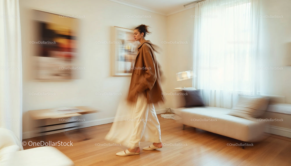 Woman in Motion in a Cozy Living Room