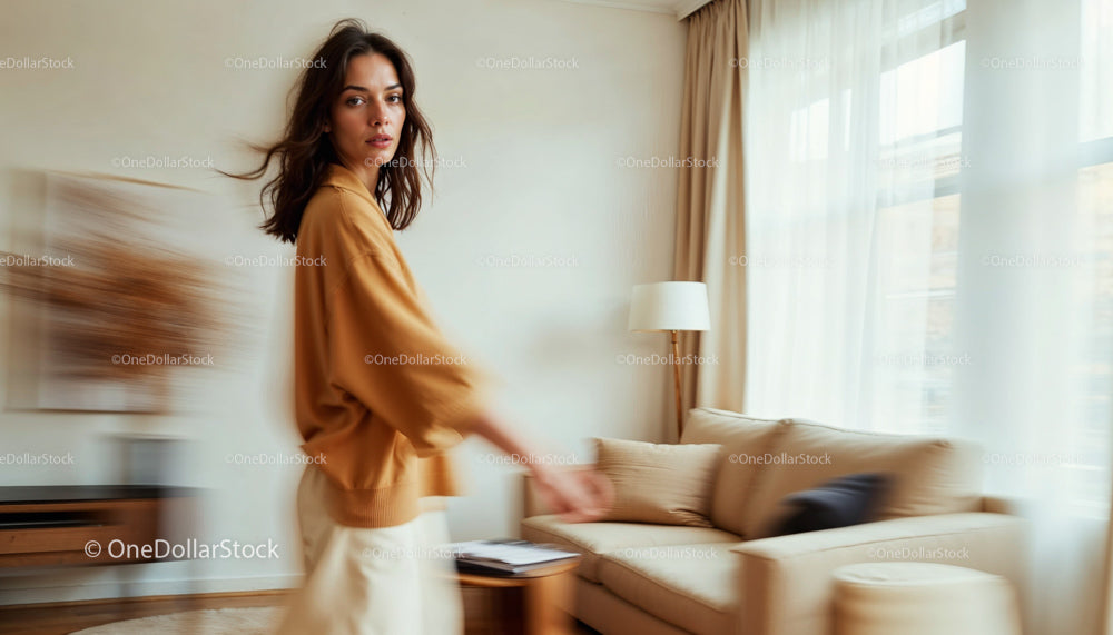Stylish Woman in Cozy Modern Living Room