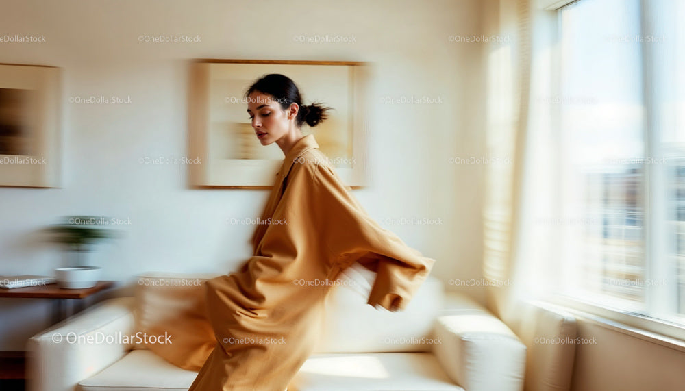 Elegant Woman in Motion in a Modern Living Room