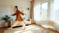 Woman in Motion in Sunlit Minimalist Living Room