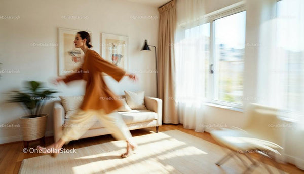 Woman in Motion in Sunlit Minimalist Living Room