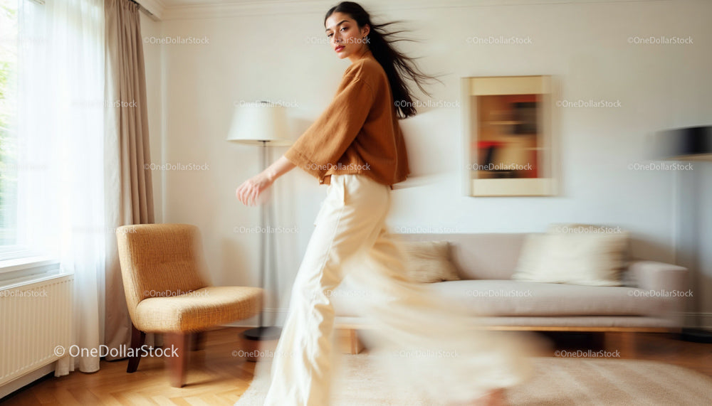 Elegant Woman in Motion in Stylish Living Room