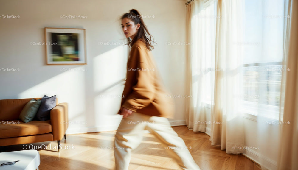 Young Woman in a Sunlit Modern Living Room Interior
