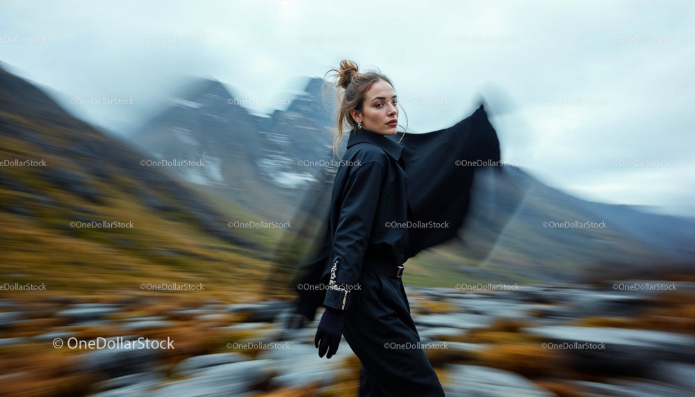 Fashionable Woman in Dynamic Mountain Landscape