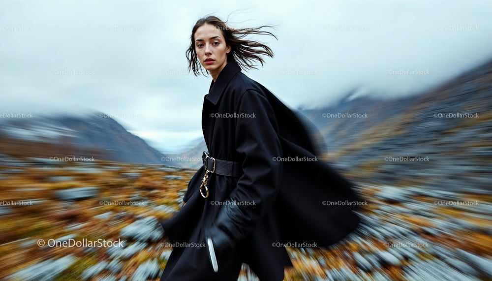 Woman in Black Coat Moving Through Windswept Landscape