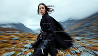 Woman in Black Coat Moving Through Windswept Landscape