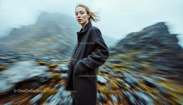 Fashionable Woman in Dark Coat Amidst Moody Mountains