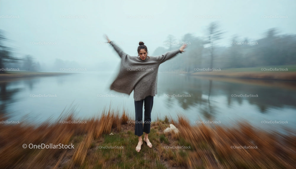 Woman in Cozy Sweater on Misty Riverbank in Autumn