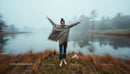Woman in Cozy Sweater on Misty Riverbank in Autumn