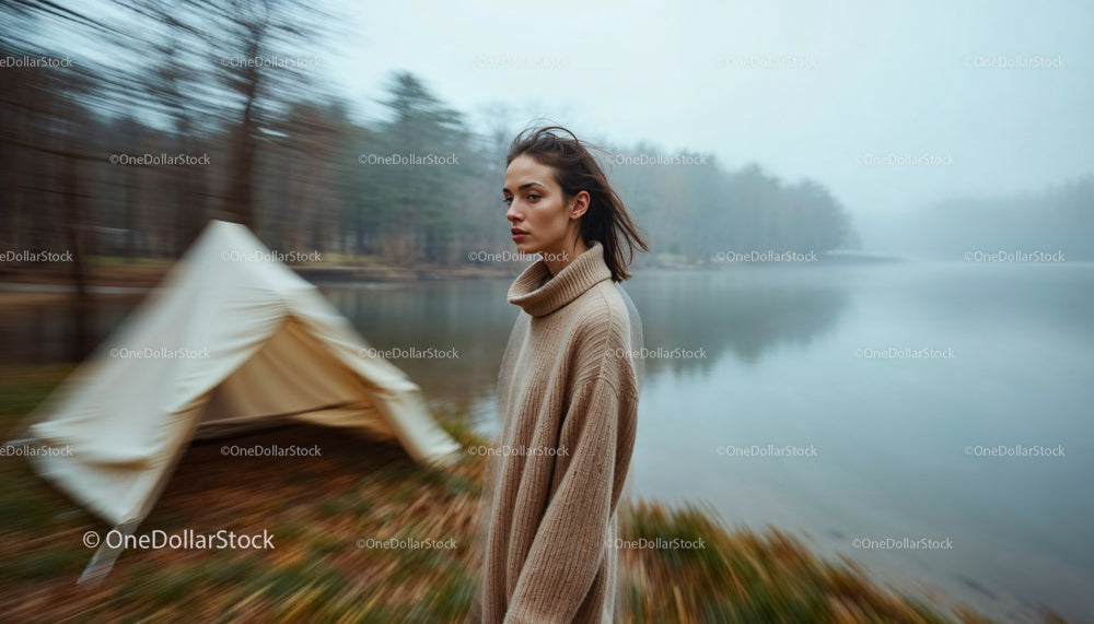 Woman in Knitted Sweater by Misty Lake with Tent