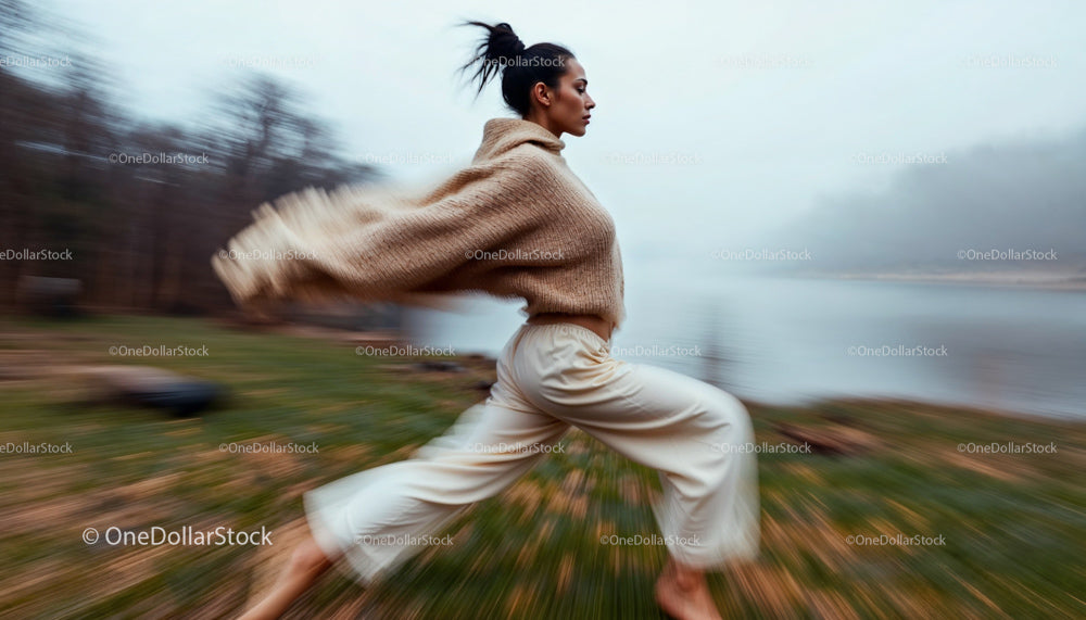 Energetic Woman Running in a Foggy Autumn Landscape