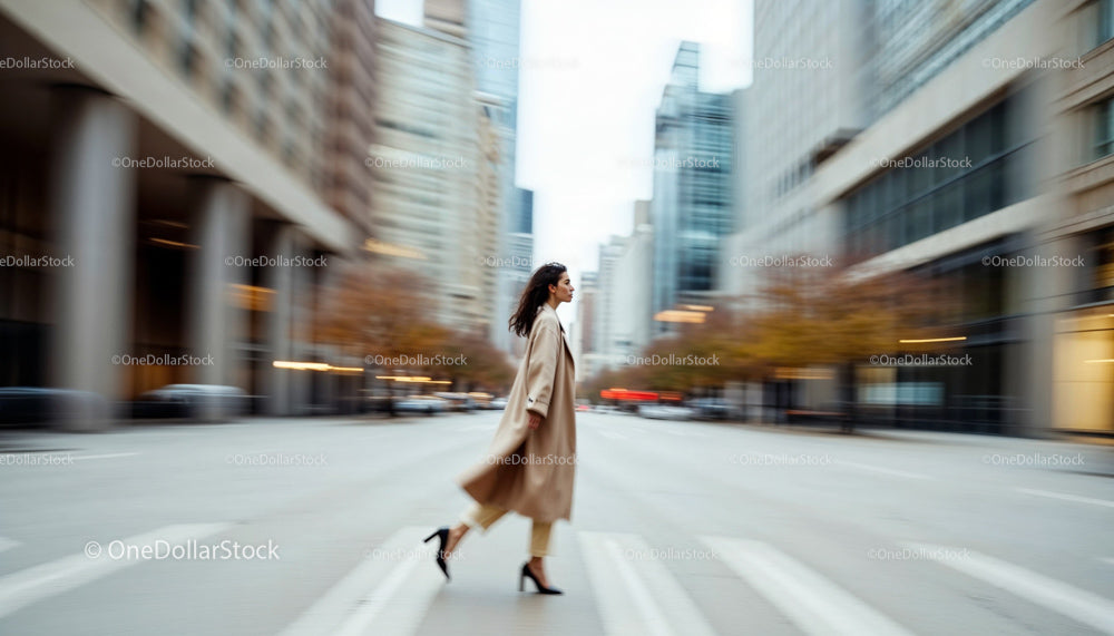 Confident Woman Walking in a Bustling Urban Setting