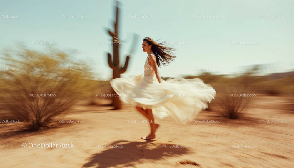 Woman in Flowing White Dress in Desert Landscape
