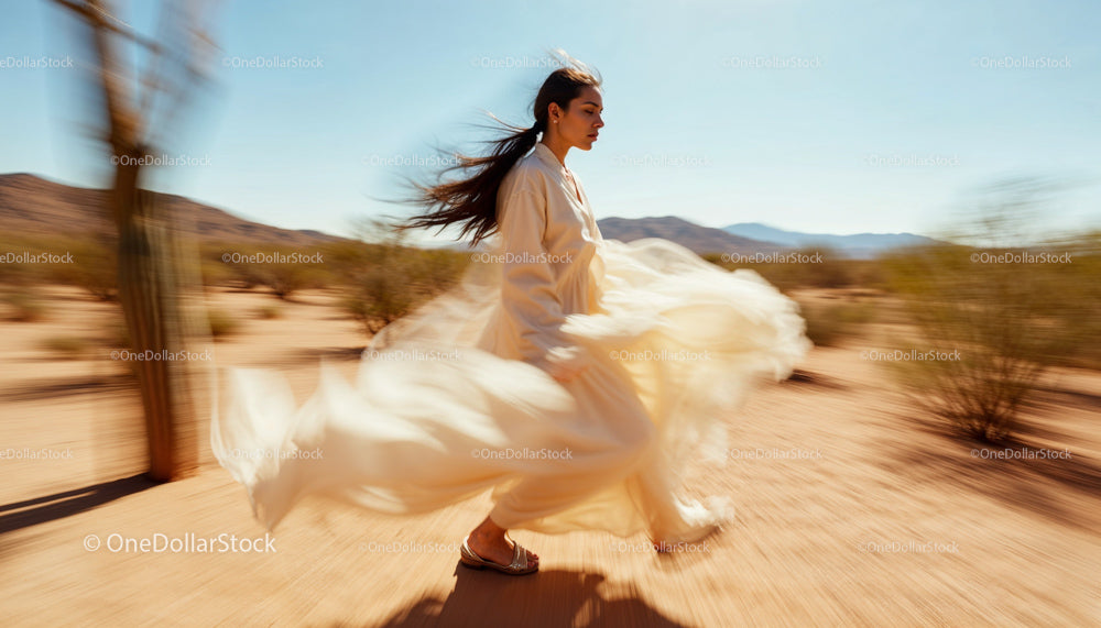 Woman in Flowing Dress Walking Through Desert Landscape