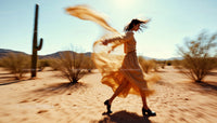 Elegant Woman in Flowing Dress Walking Through Desert