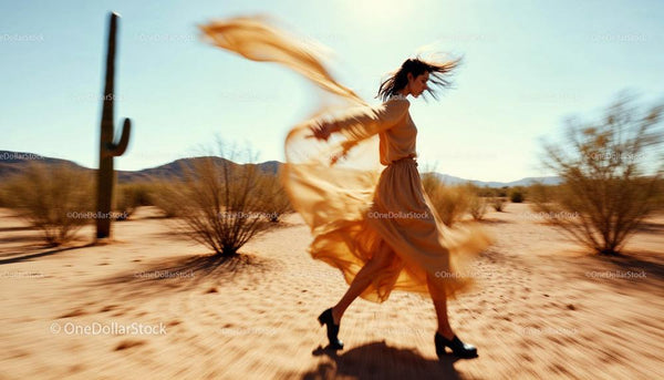 Elegant Woman in Flowing Dress Walking Through Desert