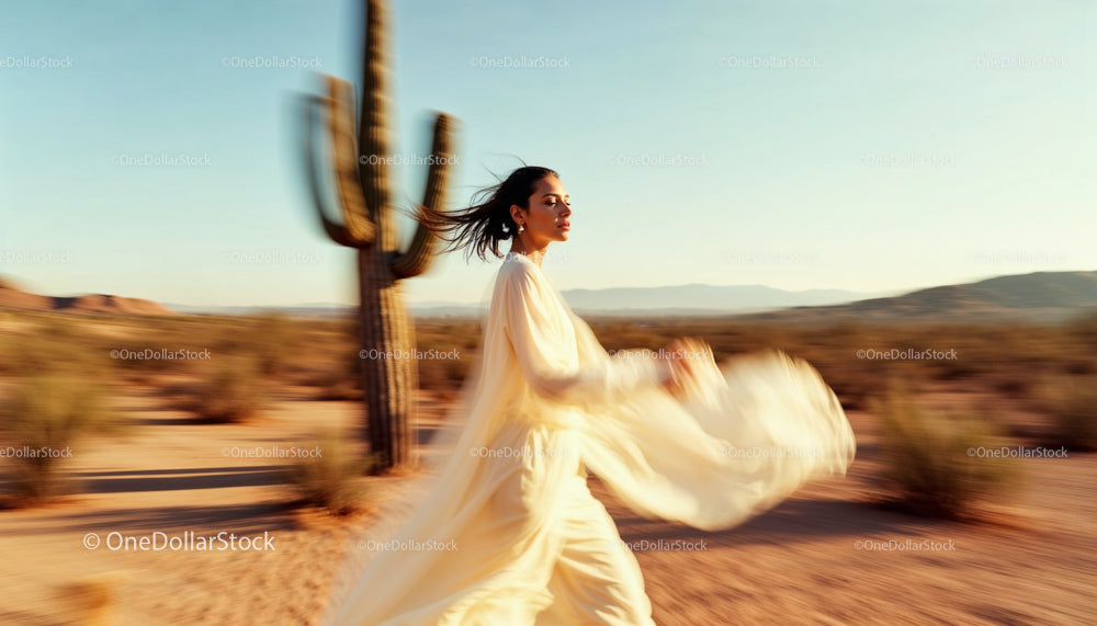 Elegant Woman in Flowing Dress Running Through Desert