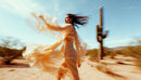 Elegant Woman in Flowing Dress Amidst Desert Landscape