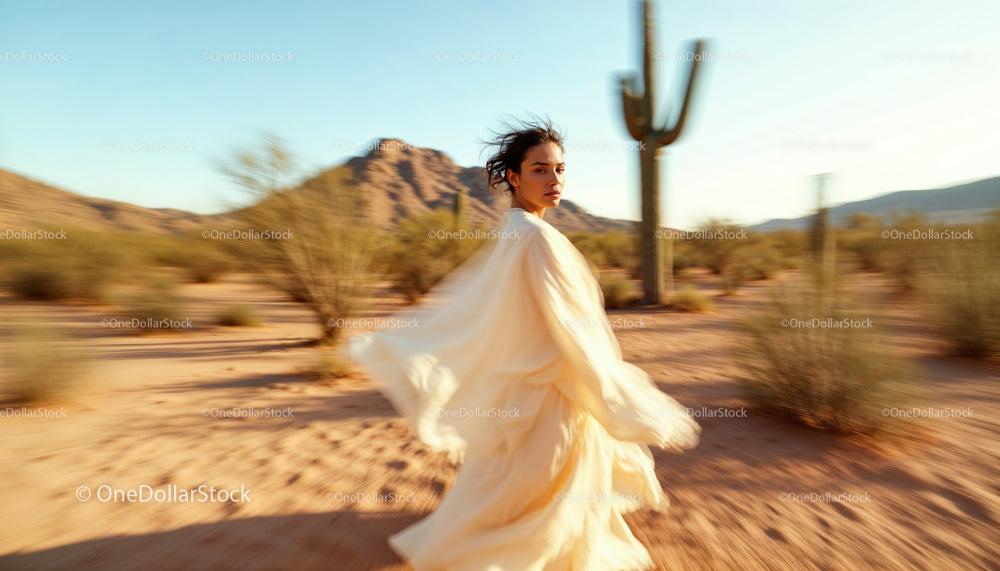 Woman in Flowing Dress Walking Through Desert at Sunset