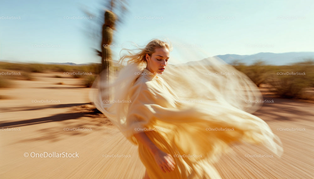 Graceful Woman in Flowing Dress in Desert Landscape