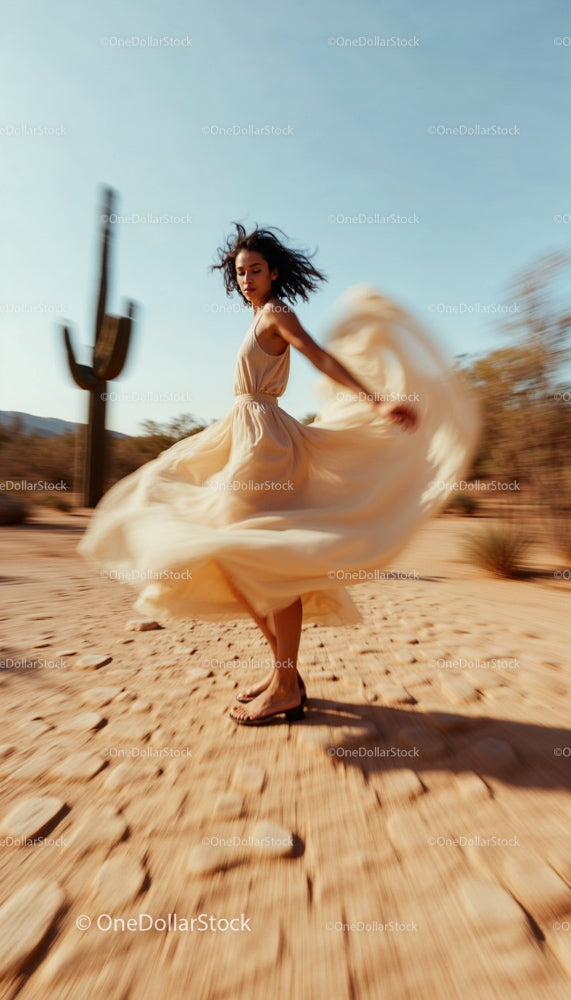 Graceful Woman Dancing in Flowing Beige Dress in Desert