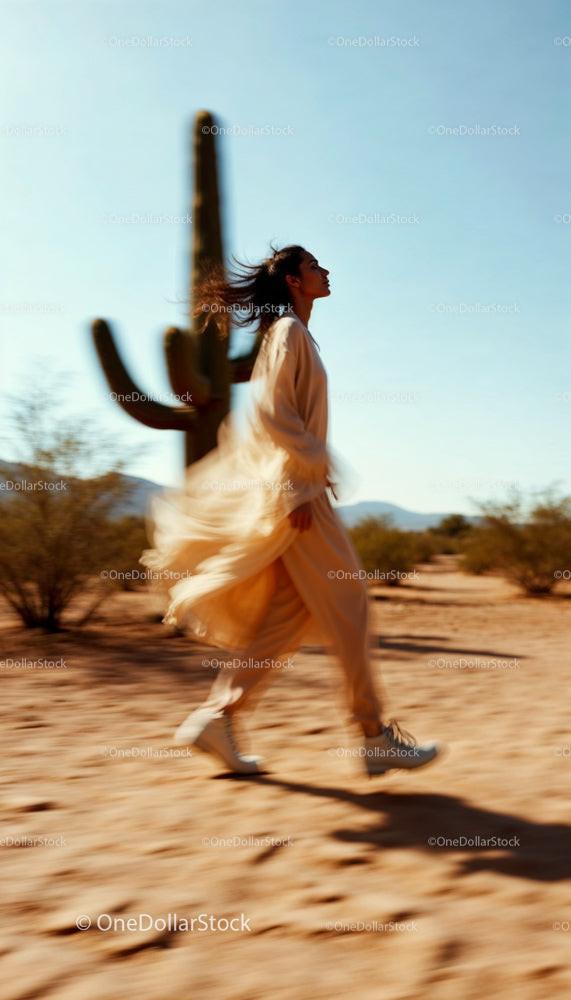 Woman in Flowing Dress Walking Through Sunlit Desert