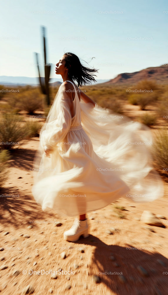 Woman Dancing in White Dress in Desert Landscape