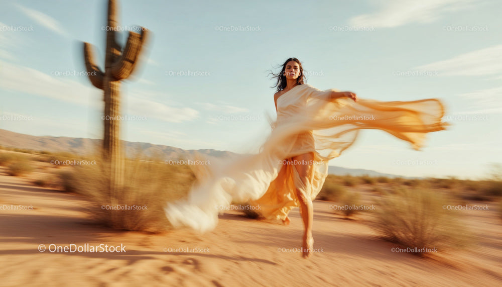 Woman in Flowing Beige Dress in Desert Landscape