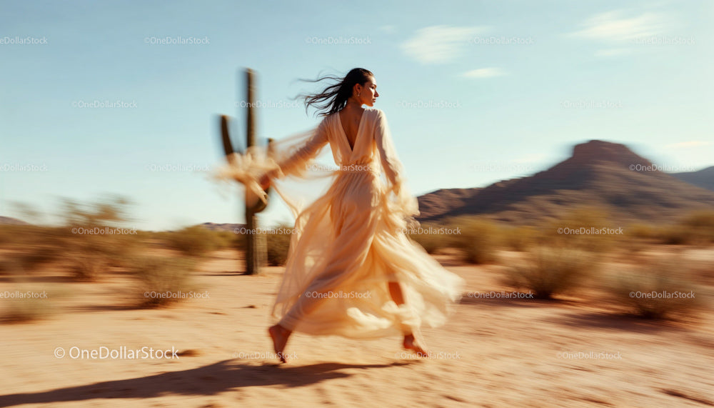 Woman in Flowing Dress in Vast Desert Landscape