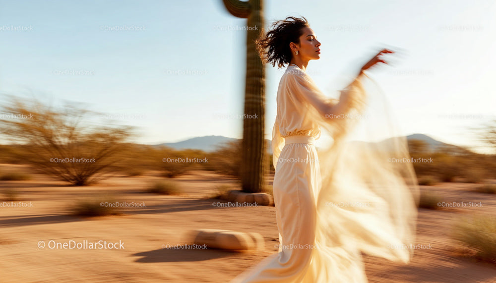 Elegant Woman in Flowing Dress in Desert Landscape