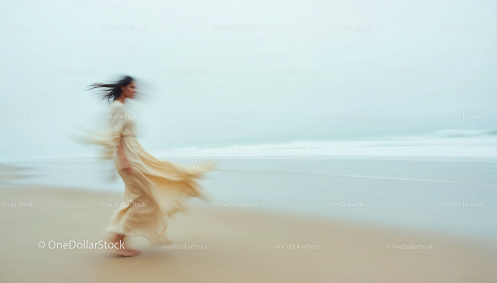 Ethereal Woman in Flowing Dress on a Tranquil Beach