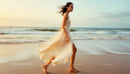 Elegant Woman in Flowing Dress Walking on Beach at Sunset