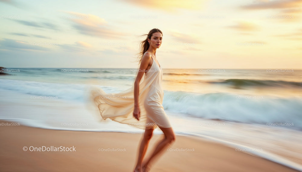 Elegant Woman in Flowing Sundress Walking on the Beach