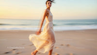 Elegant Woman in Flowing Dress on a Sunset Beach