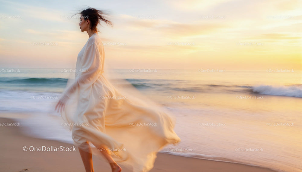 Woman in Flowing Dress Walking Along Beach at Sunset