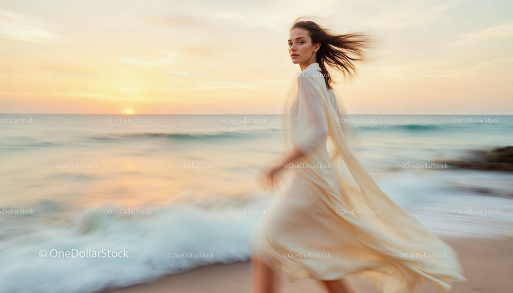 Woman in Flowing Dress Walking on Sunset Beach