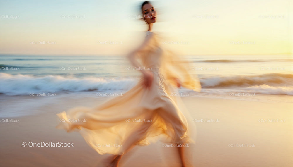 Elegant Woman in Flowing Dress Strolling on Sunset Beach