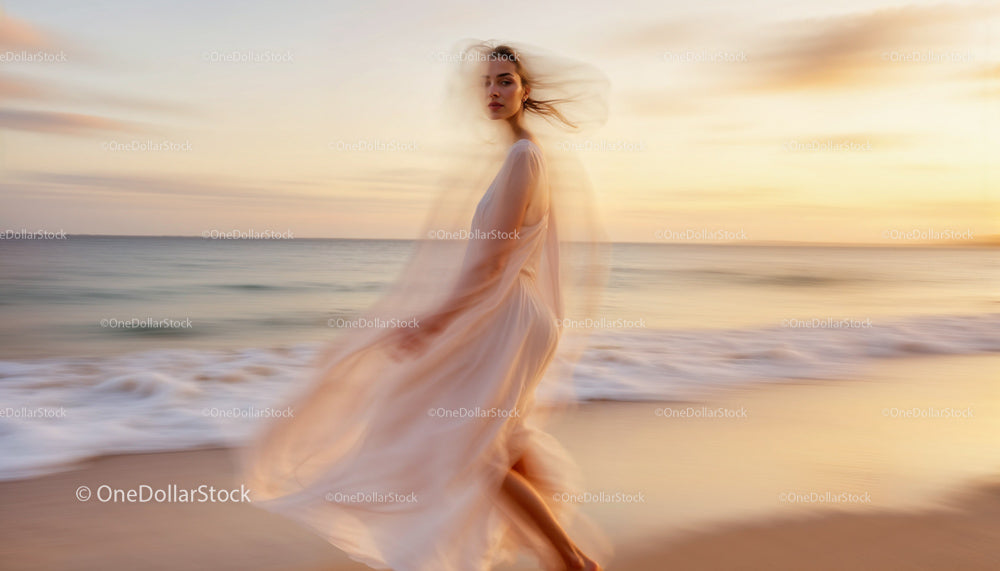 Ethereal Woman in Flowing Dress at Sunset Beach