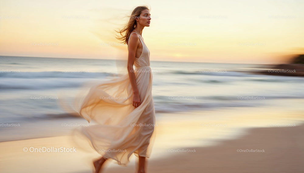 Elegant Woman in Flowing Dress Walking at Sunset Beach