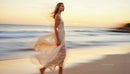 Elegant Woman in Flowing Dress Walking at Sunset Beach