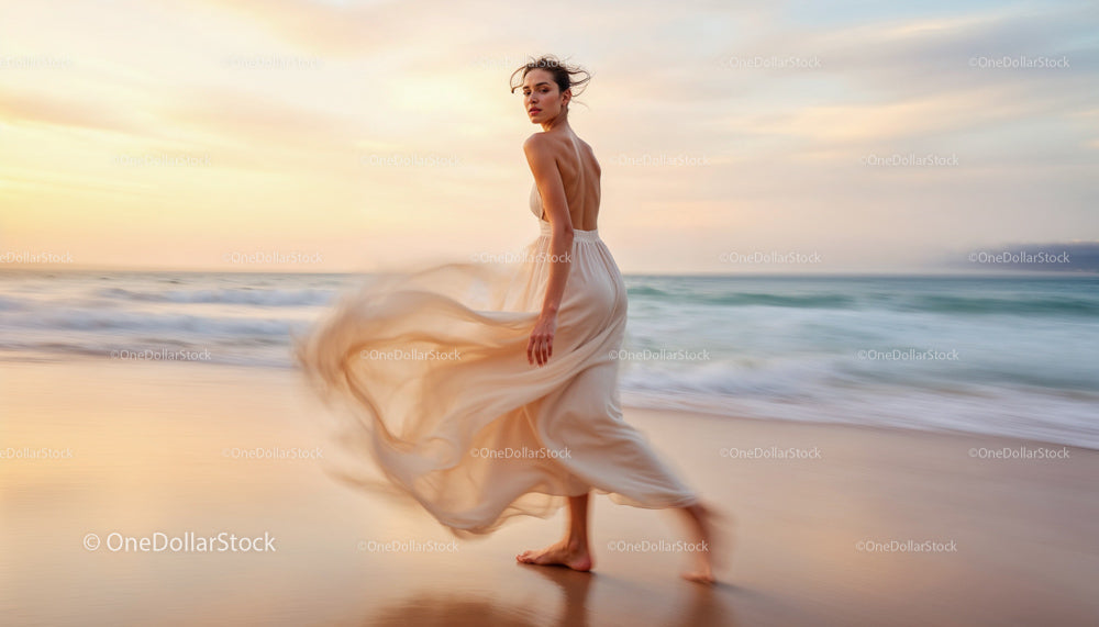 Elegant Woman in Flowing Dress at Sunset Beach