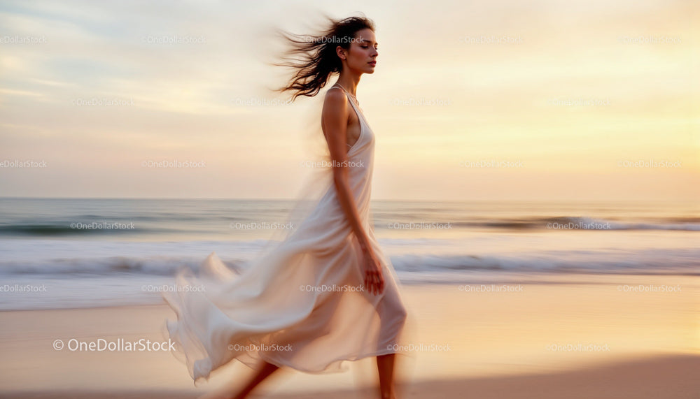 Elegant Woman in Flowing Dress Walking along the Beach