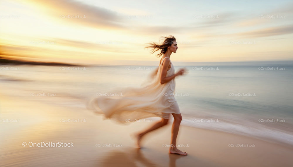 Woman Running in Flowing Dress at Sunset Beach