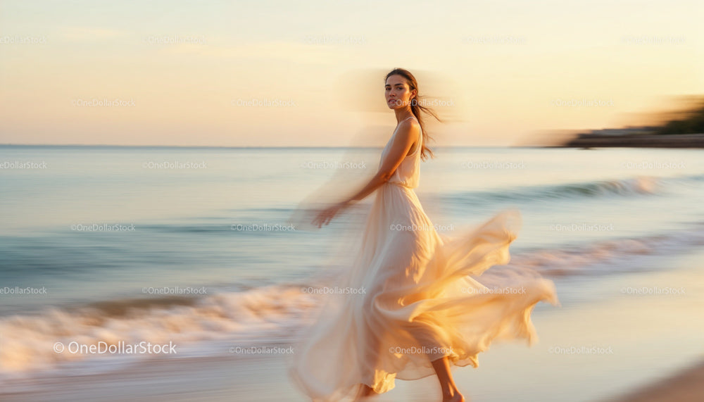 Woman in Flowing Dress Walking at Sunset Beach